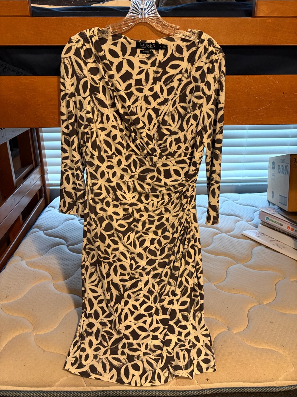 Lauren Ralph Lauren Grey and White Long-Sleeve Wrap Dress